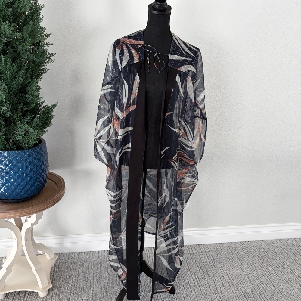 Vince Camuto Kimono Coverup Women OS Black Tropical Leaf Metallic Sheer NWT